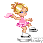 The clipart image shows an animated character, which seems to be a young girl figure skater. She's wearing a pink skating dress, white ice skates, and has a scarf or bandana in her hand. Her hair is styled with bows or ties, suggesting a playful or youthful look. Her pose suggests she is in the middle of a figure skating routine or performance.