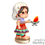 The clipart image shows an animated character in cultural attire, holding a lamp with a flame. The character is wearing a colorful skirt, a top, and a shawl or headscarf with star patterns. The style of the clothing suggests a traditional or ethnic dress.