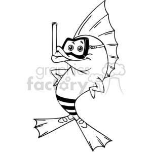 The clipart image depicts a humorous caricature of a fish equipped as if it were a scuba diver or snorkeler. The fish has wide, surprised eyes and is wearing a snorkel mask. It also has a snorkel mouthpiece fitted in its mouth, and the fish's fins are stylized to mimic flippers, adding to the anthropomorphized snorkeling theme.
