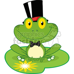 This is a clipart image featuring a cartoon frog that appears funny. The frog is sitting on a lily pad and is wearing a top hat and a bow tie. The lily pad has a blooming flower and some smaller pads nearby, suggesting that the scene takes place in a swamp or pond.
