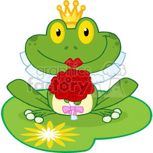 In the clipart image, there is a cartoon frog sitting on a lily pad. The frog is anthropomorphized; it has large expressive eyes, a crown on its head suggesting royalty, and it's holding a bouquet of red roses tied with a pink ribbon in front of it. The frog has a collar around its neck, giving the impression it's wearing a shirt or dress, and it has red lipstick on its lips. The lily pad also features a decorative flower.