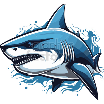 The clipart image depicts a stylized, animated shark. The shark is portrayed in shades of blue, with a fierce expression and its teeth exposed. It appears to be swimming aggressively through water, with dynamic splashes surrounding it.