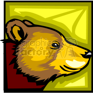 The image appears to be a colorful clipart of a young brown bear's face in profile view. The bear is depicted with stylized features characteristic of clipart, with bold outlines and areas of flat color. The background has an abstract green and yellow design that does not represent anything specific. The bear has a calm and gentle expression.