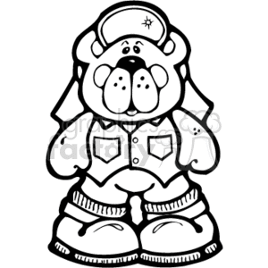 The image is a black and white clipart of a teddy bear designed to appear like a country-style hunter. The teddy bear is wearing a hunter's outfit, including a hat with a star on it, a jacket with pockets, and boots. The bear also has a rounded bear-like face, with prominent ears, eyes, and a nose.