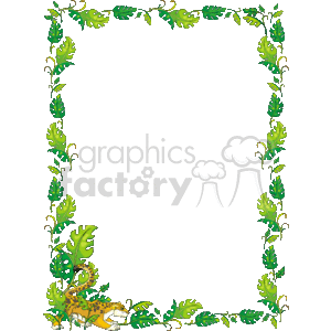 The image depicts a stylized border with a jungle theme. The design features an array of green leaves that vary in shape and size, evoking a sense of lush vegetation typically found in a jungle environment. The leaves form a rectangular border with ornate details, and within this leafy frame, there is ample white space, usually meant for inserting text or other graphic elements.
Adding to the jungle theme, the corner at the bottom left of the border contains an illustration of a leopard, depicted in a crouching position as if it is hiding or resting among the foliage. The leopard is intricately patterned with typical rosette spots and has a noticeable expression.
The clipart is likely intended for use in projects or materials related to travel, nature, wildlife, or jungle-themed events or presentations.