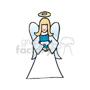 The image depicts a stylized cartoon of an angel related to Christmas themes. The angel is drawn with simplistic features, having a halo above its head, blue wings, and a blue sash, holding a small blue bird. The angel's hair is blond, and it is wearing a long white gown, which is typical in traditional representations of angels during the holiday season.