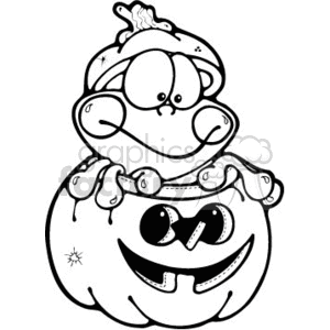 The clipart image shows a whimsical depiction of a Halloween theme. A cartoon frog is peeking out of the top of a jack-o'-lantern. The pumpkin has a classic carved face with a smiling expression, and there are additional smaller frogs playfully positioned on the pumpkin's eyes, appearing as if they are part of the pumpkin's design. The drawing is in a black and white line art style, suitable for coloring activities.