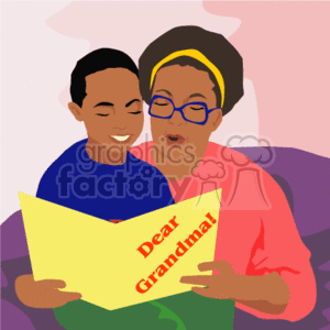 In the clipart image, there is a portrayal of an African American grandmother wearing glasses and a yellow headband, holding a yellow greeting card with the words Dear Grandma! written on it. Next to her is a young African American child wearing a blue shirt, who appears to be reading the card with her. The background includes soft, abstract shades of purple and pink, suggesting a warm and cozy atmosphere.