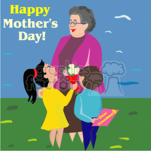 The image depicts a Mother's Day celebration scene. There is text at the top that says Happy Mother's Day! It features an illustration of a mom standing in an outdoor setting with a blue sky and a few clouds in the background. She is dressed in a purple cardigan and glasses. In front of her, two children are showing affection: a girl in a yellow dress is giving her flowers, and a boy in a blue shirt is handing her a pink card that says Dear Mommy. The scene conveys a warm sentiment appropriate for Mother's Day.
