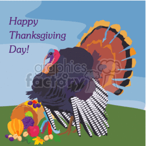 The clipart image features a large, colorful turkey on a grassy landscape with a clear sky in the background. To the turkey's right, there's a cornucopia overflowing with autumnal produce like gourds, nuts, berries, and an apple. The image has a festive feel and is meant to represent Thanksgiving Day, as indicated by the words Happy Thanksgiving Day! prominently displayed towards the top.