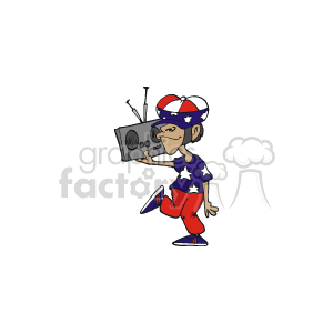 The clipart image features a stylized character that appears to be a man with dark skin, wearing a patriotic outfit with stars and stripes in the colors of the American flag. He is holding a boombox on his shoulder, which suggests he is enjoying music, and the image conveys a sense of movement, possibly dancing.