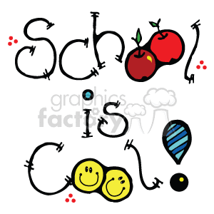 The image is a playful and colorful illustration that features the phrase School is Cool written in a whimsical, country-style font. Included in the design are two red apples, one with a green leaf, positioned near the word School. Additionally, there are two smiley faces placed near the word Cool, and the overall aesthetic is cheerful and child-friendly, consistent with an education theme. Small artistic embellishments, such as dots and squiggles, add to the handmade feel of the clipart.