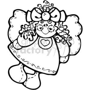 The clipart image displays a line drawing of a country-style rag doll angel. The female angel is characterized by its simplistic, handmade appearance with puffy sleeves, an apron, and a heart decoration on the front. The angel has curly hair, wings, and appears to be in a standing pose.