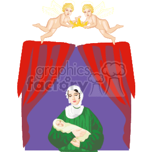The image is a clipart representation of a religious scene that appears to include the Virgin Mary holding Baby Jesus. Above them, two angels are holding a crown, possibly symbolizing the crowning of Mary or the divine nature of Jesus. The background features flowing red curtains, suggesting a heavenly or regal setting.