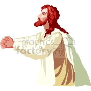 This is a clipart image depicting a figure commonly recognized as Jesus Christ. Jesus is shown with folded hands in a posture of prayer. He is wearing a white robe with what appears to be a brown or tan sash or cloak. His hair is long and reddish-brown, and he has a beard.