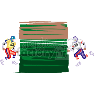 The image is a clipart featuring two football players dressed in their respective team colors and helmets. Player number 33 is depicted running with the football, presumably attempting to evade player number 35 from the opposing team who is shown in a defensive posture, ready to tackle. They are positioned on a stylized green football field with white lines, representing the playing field's yard lines.