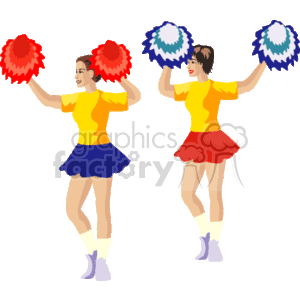 The clipart image depicts two cheerleaders. They are dressed in colorful cheerleading outfits with short skirts and holding pompoms. One cheerleader has a red skirt and red pompoms, while the other has a blue skirt and blue pompoms. They appear to be in a cheerleading pose or mid-dance routine.