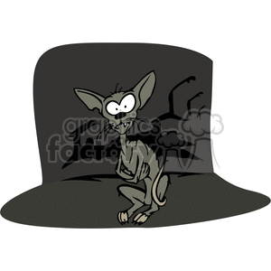 The clipart image features a skinny or scrawny cat with exaggerated large eyes and ears. The cat appears to be shivering or trembling and is standing inside a large black top hat. The style of the hat is reminiscent of what's commonly referred to as a Cat in the Hat style top hat, after the famous Dr. Seuss character, though the cat itself does not resemble the character from Dr. Seuss's book. The expression on the cat’s face could suggest fear, cold, or nervousness.