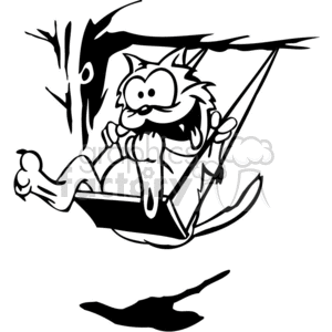 The clipart image depicts a humorous and stylized illustration of a cat swinging on a tree swing. The cat looks carefree and is depicted with exaggerated features for a comical effect. The swing is attached to a tree branch, and the shadow of the swinging cat is visible on the ground.