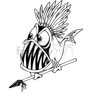 This image features a cartoon depiction of a fish with an angry expression, wearing a tribal headpiece with feathers and holding a spear. The fish is stylized to resemble a piranha with sharp teeth showing.