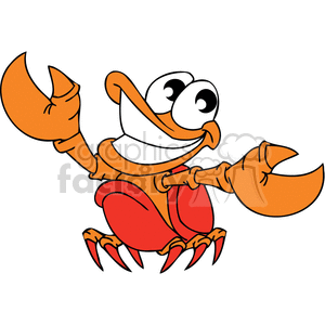 The image shows a colorful cartoon illustration of a crab. The crab has a prominent pair of claws, large expressive eyes, and a smiling face, suggesting a friendly or jovial character. Its body is primarily red, with contrasting orange limbs and claws, and a white underside. This crab could be appealing to both children and adults due to its anthropomorphized features and cheerful demeanor.