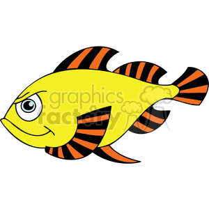 The clipart image shows a cartoonish, colorful fish with a prominent amusing facial expression. The fish is primarily yellow with black and orange stripes on the fins and tail, and it has a large eye that adds to its funny appearance.