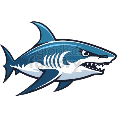 This clipart image features a stylized portrayal of a shark. The shark is depicted with characteristic features such as a dorsal fin, pectoral fins, gills, and a set of sharp teeth.