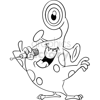 The image is a black and white clipart illustration of a cartoonish character that resembles an alien. It features a single large eye on the top of its head, multiple spots on its body, a wide open mouth displaying sharp teeth, and a dynamic pose that suggests it is singing into a microphone it's holding in one hand. The character's other hand is extended, as if performing or emphasizing a point. 