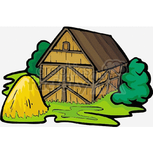 The image is a cartoon-style clipart that features a traditional farm scene. It includes a brown barn with a dark brown roof, structural details suggesting wooden construction, and green bushes or trees beside it. In the foreground, there's a pile of golden hay or straw, indicating agricultural activity related to farming.