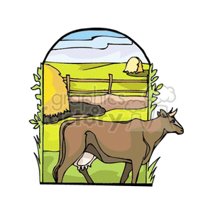 This clipart image contains a depiction of a farm scene in a rounded frame. Central to the image is a brown cow on a grass-covered field. In the background, there is a two-railed fence separating sections of the farm fields. Behind the fence, we can see a stack of golden-yellow straw or hay and a single sheep on a hill. The backdrop shows an indication of a blue sky with little detail.