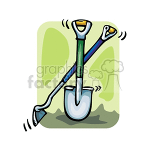 This clipart image features a shovel and a hoe, which are common gardening tools used in agriculture. They are crossed over each other and appear to be stuck into the ground.