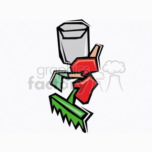 This clipart image features gardening tools, including a green rake, two red hoes, and a grey bucket.
