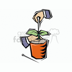 The clipart image depicts a hand planting a sprouted plant into a pot. Only the forearm and hand of the person are shown, without revealing any identifiable features. The pot is orange and the plant appears to be a small seedling with a couple of leaves, signifying early growth. The background includes a simple gardening tool that resembles a small shovel or spade.