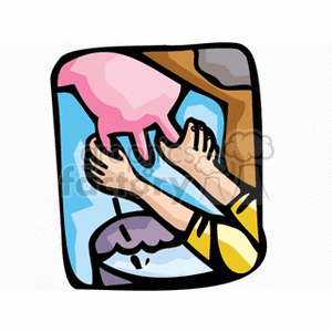 The image is a stylized cartoon clipart depicting the milking of a cow. It shows a person's hands squeezing the teats of a cow's udder, with milk squirting out into what appears to be a bucket. The cow is not visible except for its pink udder. The background is simple, suggesting the setting could be a farm.