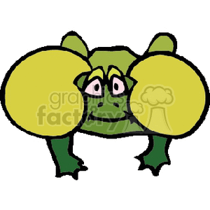 The clipart image depicts a stylized bullfrog with exaggerated features. The bullfrog is mainly portrayed in green with large yellow cheeks puffed out on either side of its head, which is characteristic of bullfrogs when they are calling or producing their distinct 'ribbit' sound. The frog has a surprised or cheeky expression on its face, with big eyes and a slightly open mouth.
