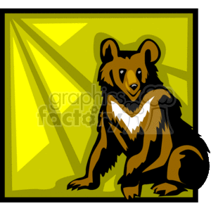 The image is a stylized clipart of a brown bear. The bear is depicted sitting and has a pronounced white patch on its chest. The background features an abstract design with yellow and green tones, possibly evoking a sense of sunlight filtering through a forest or natural setting. The image is bold and has a graphic quality typical of clipart.