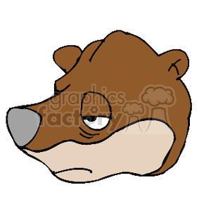 The image depicts a cartoon illustration of a brown bear's head. The bear appears to have a sad or apathetic expression, with a downcast eye and a lack of energy or enthusiasm, possibly signifying tiredness.