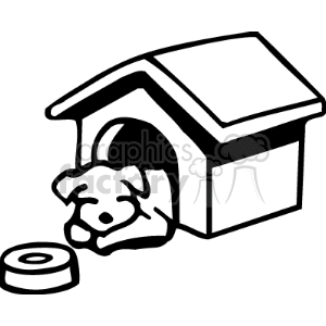This clipart image depicts a dog lying down comfortably inside a doghouse. There is a food bowl located in front of the doghouse.