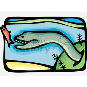 The clipart image depicts a stylized underwater scene with a moray eel swimming towards a smaller fish, possibly indicating a predatory interaction. The environment includes sand and aquatic plants, which suggests a seabed setting.