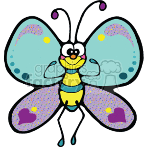 The image is a vibrant and cheerful clipart illustration of a butterfly. The style of the butterfly is cartoonish, conveying a sense of fun and happiness. The butterfly has a large smiling face with big eyes and an adorable expression. It has colorful wings with a mix of blue, purple, and yellow spots, and the wingtips have heart shapes. Additionally, the butterfly's body is segmented into yellow and green, and it has curly antennae on top of its head. This representation of the insect is designed to be approachable and amusing, making it suitable for a variety of light-hearted and whimsical contexts, such as children's books, educational materials, or decorations.