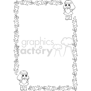 The clipart image shows a black and white border with valentine or love-themed decorations. The border includes a repeating pattern of hearts linked by what appears to be ribbon or swirls. There are drawings of two dolls, one at the top and one at the bottom of the page, each holding a heart. The overall design suggests a theme related to love, Valentine's Day, or affection. The central area of the image is blank, likely intended for someone to write a message or place additional content.
