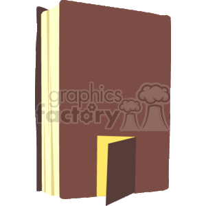 This clipart image depicts a stylized single brown book with a hard cover. The book appears to stand upright with a yellow door ajar, suggesting an entrance to knowledge or education, aligning with the back-to-school concept. This could symbolize reading as a doorway to learning, or it could be a creative representation of the idea that books can take you to different places or homes of knowledge.