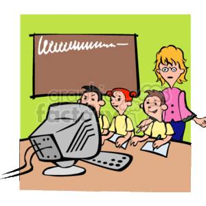 The clipart image shows a classroom scene with a teacher and three students. The teacher, who is standing to the right, has blonde hair and wears glasses. She appears to be slightly confused or surprised, with her hands on her hips. In front of the students is a large, old-style computer monitor with a keyboard. The three students are sitting together, looking at the computer screen with curious and engaged expressions. They all seem to be wearing matching yellow shirts. Behind them is a blackboard with some writing done in chalk, which is not clearly legible. The background in shades of green implies a classroom setting.