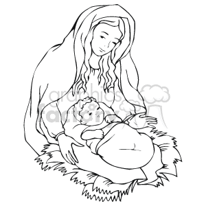 This clipart image depicts a Nativity scene, which is a common representation of the birth of Jesus Christ. It shows the Virgin Mary, with a halo, cradling the baby Jesus also with a halo, who is lying in a manger filled with hay. The image is black and white and is designed in a simple line art style.