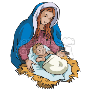 The image depicts a classic nativity scene, which is an important symbol in the celebration of Christmas for those of the Christian faith. It features a rendition of the Virgin Mary, clothed in blue and white, cradling the baby Jesus, who is shown lying in a manger. The colors are bright and the styles are simplified, typical of clipart designs.