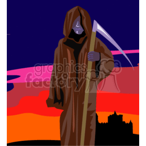 The image is a stylized representation of a grim reaper standing against a twilight sky with shades of purple, orange, and blue, featuring a silhouette of a castle on the horizon. The grim reaper is depicted with a dark robe, hood covering the head, and holding a scythe.