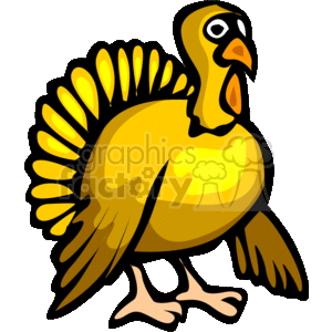 The clipart image depicts a cartoon turkey with a plump body colored in shades of yellow and brown. The turkey has a large fanned tail with highlighted textures, typical of a traditional Thanksgiving representation of the bird. Its wings are partially folded at its sides, and it features orange feet. The turkey appears to be standing and looking forward