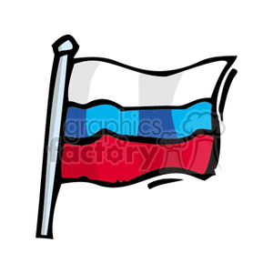 The image is a clipart of the flag of Russia. It features the national flag on a flagpole, which consists of three horizontal stripes: white on the top, blue in the middle, and red on the bottom.