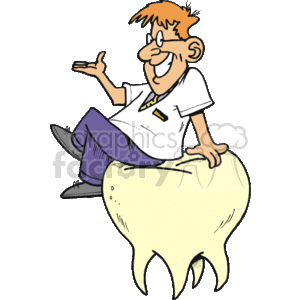 The clipart image shows a cartoon of a cheerful dentist sitting on an oversized tooth. The dentist is depicted in a white coat with a badge or ID card, indicating his profession, and is gesturing as if he is explaining something or conversing with a patient. The tooth appears to be a molar, and it serves as a seat for the dentist, emphasizing the dental theme of the illustration.