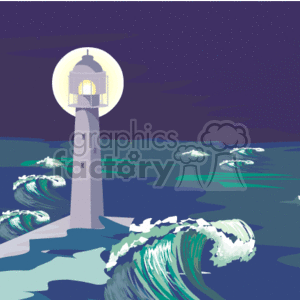 The image depicts a lighthouse during stormy weather at night. The waves are high and active, indicating rough sea conditions often associated with storms or hurricanes. The dark color palette suggests it is nighttime, and the light from the lighthouse is cutting through the darkness, which is characteristic of how these structures serve as beacons for ships at sea during inclement weather.